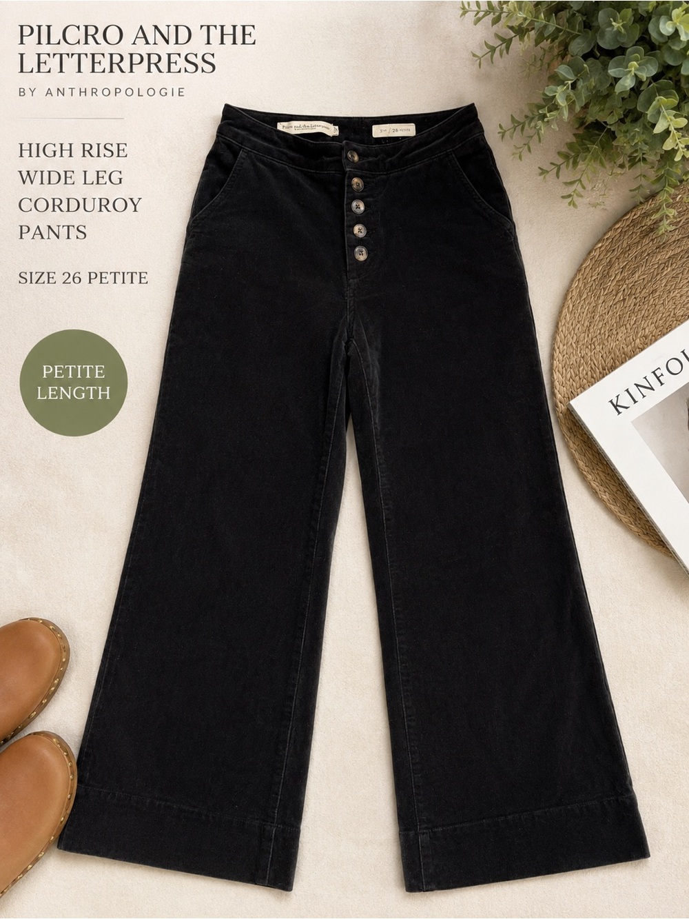 Pilcro Anthropologie High Rise Wide Leg Corduroy Pants Black 26P Button Fly